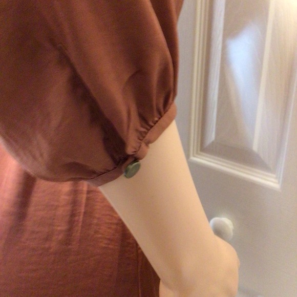 Forever 21 Satin Copper 3/4 Sleeve Faux Wrap Keyhole Mini Dress Size Small - Picture 3 of 7